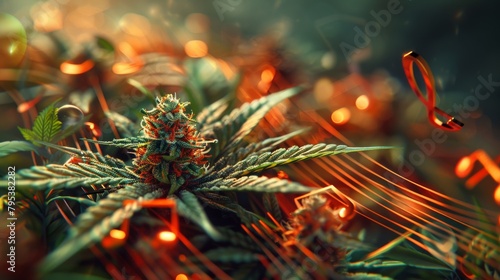 A beautifuly rendered image of a cannabis plant with musical notes flowing around it. photo