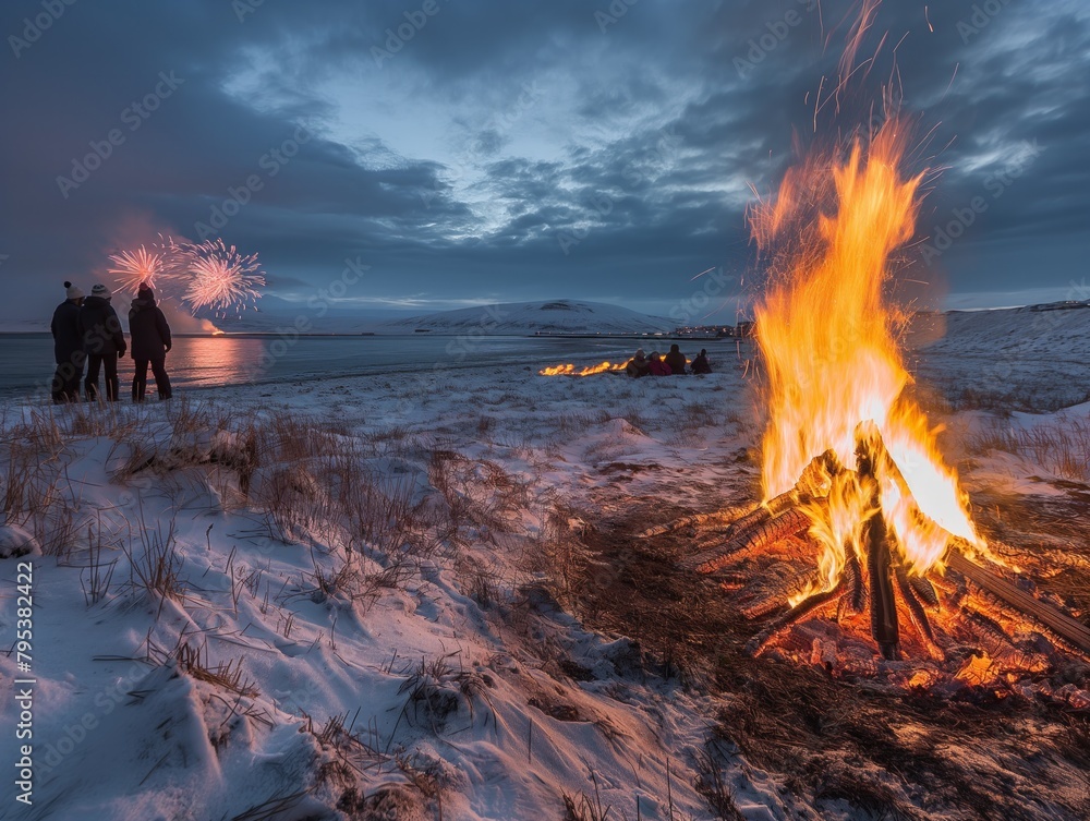 A group of people are gathered around a fire on a snowy beach. The fire is large and bright, creating a warm and inviting atmosphere. The people are standing around the fire, enjoying the warmth