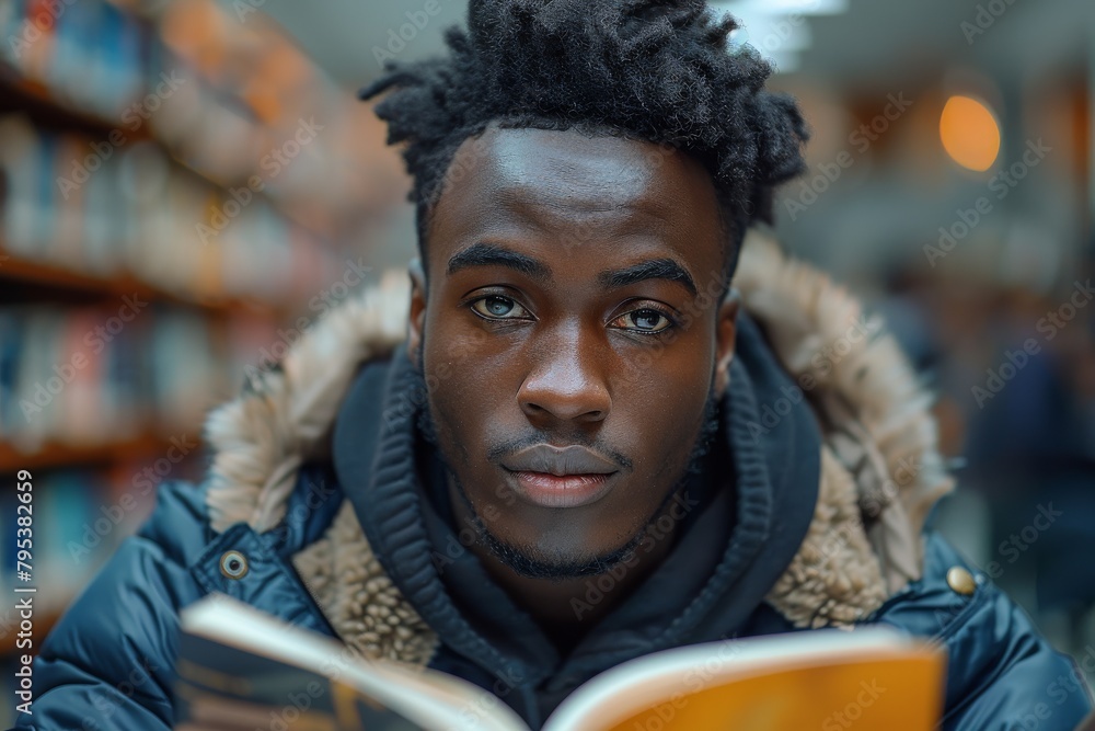 A man with striking eyes reads a book while wearing a winter jacket indoors, creating a focused yet casual scene A man with striking eyes reads a book while wearing a winter jacket indoors, creating a focused yet casual scene