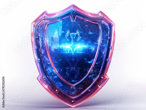 A blue and pink glowing shield with a symbol in the middle. photo