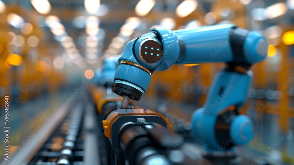 A blue robotic arm on an assembly line. A blue robotic arm on an assembly line.