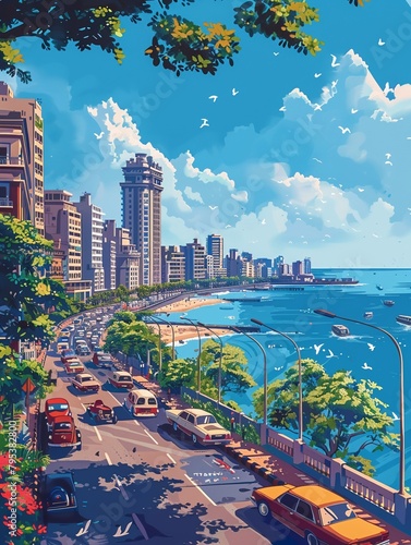 marine drive mumbai india, long shot, epic composition, noon time, sunny day with no clouds, illustration, vibrant colors, anime photo