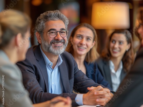 A group of people are sitting around a table, smiling and laughing. The man in the center is wearing glasses and a suit jacket. Scene is happy and friendly