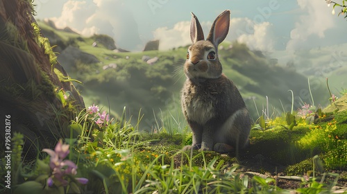 Rabbit Hobbit, standing proudly in the shire, rabbit on the grass photo