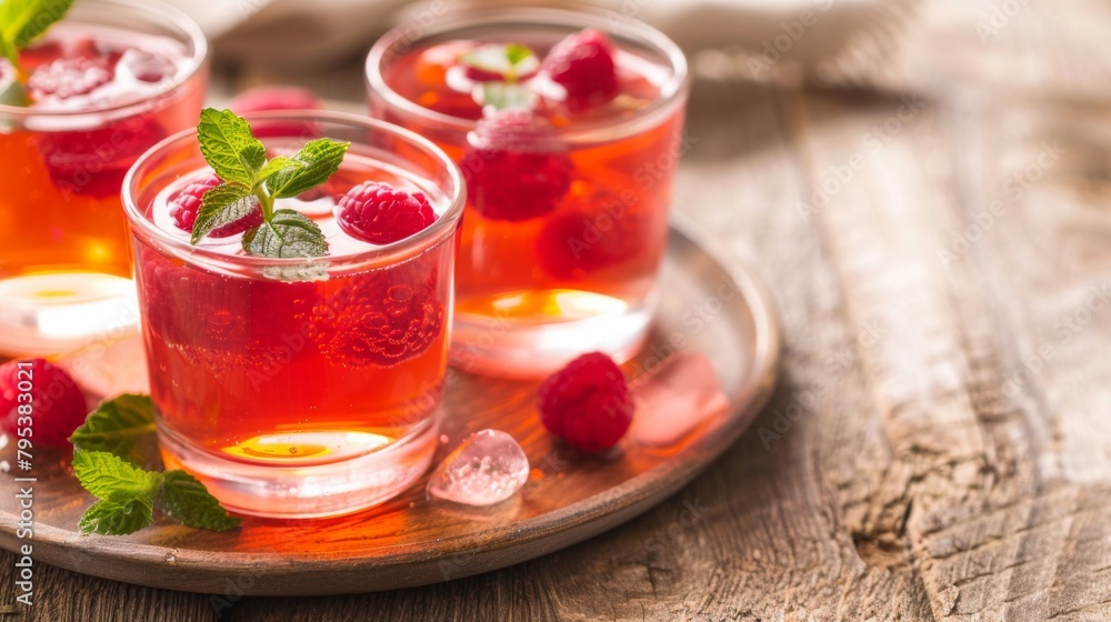Three Glasses of Raspberry Tea on a Plate Three Glasses of Raspberry Tea on a Plate