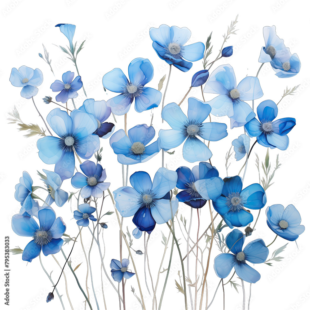 A painting of blue flowers on a white background