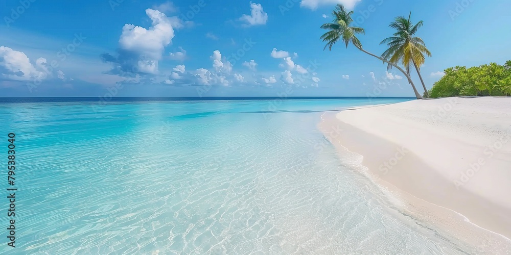 Naklejka premium Luxurious tropical landscape. White sand with palm trees and azure sea. A heavenly place to relax. Beautiful exotic summer beach background for design.