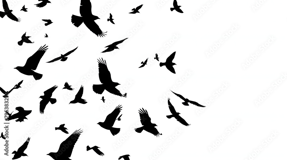 Flock of Birds Flying: Black Silhouettes on White Background Flock of Birds Flying: Black Silhouettes on White Background
