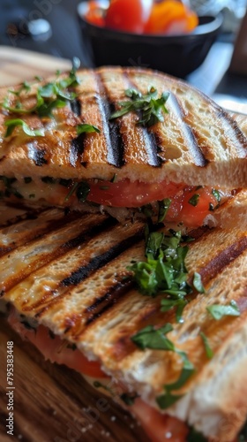 Delicious grilled panini sandwich on a plate.