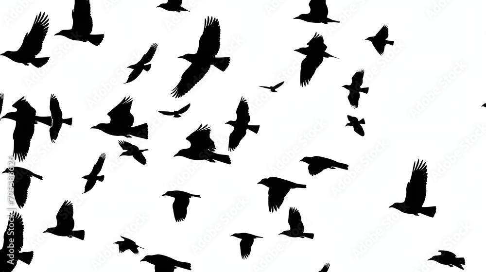 Flock of Birds Flying: Black Silhouettes on White Background Flock of Birds Flying: Black Silhouettes on White Background