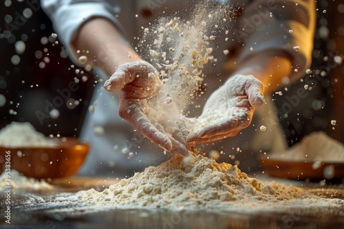 An energetic depiction of a chef kneading dough with a cloud of flour dispersing around, highlighting the baking process