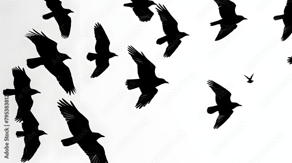 Flock of Birds Flying: Black Silhouettes on White Background Flock of Birds Flying: Black Silhouettes on White Background