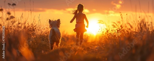 Silhouette of a teenage girl running with a shaggy dog in the park at sunset, embodying the concept of happy family freedom and a kid's dream. photo