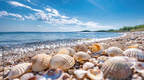 Seashells strewn across the shoreline, creating a picturesque scene against the backdrop of a clear blue sky in the summer.