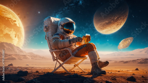 An astronaut relaxing in an alien planet with beer  photo