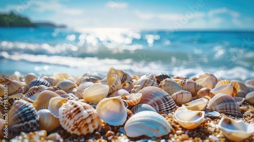 Seashells strewn across the shoreline  creating a picturesque scene against the backdrop of a clear blue sky in the summer.