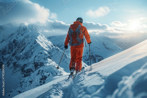 A lone mountaineer with bright orange gear hikes on a snowy mountain ridge with striking sunrise