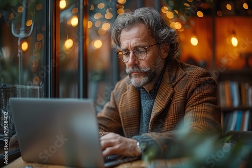 An older man in a thoughtful pose with his laptop in a cafe, embracing a creative or work moment with a warm ambiance © Larisa AI