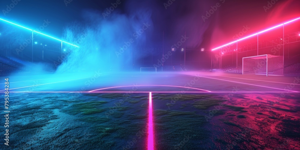 3D illustration of a textured soccer field with neon fog, emphasizing the center and midfield areas.