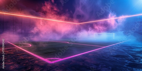 3D illustration of a textured soccer field with neon fog, emphasizing the center and midfield areas.