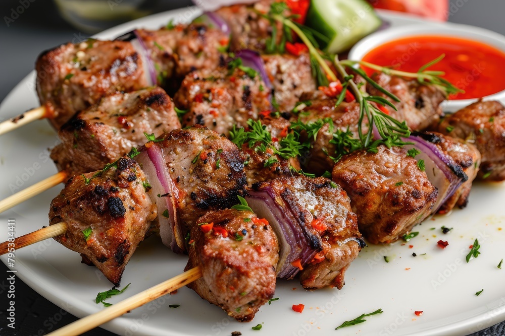 Lamb kebab skewers with recipe of lamp meat, cumin, cayenne pepper, paprika, chopped onion on plate Lamb kebab skewers with recipe of lamp meat, cumin, cayenne pepper, paprika, chopped onion on plate