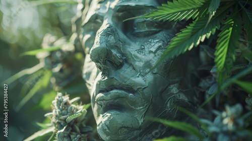 A clay sculpture of a human face is slowly being overgrown by marijuana plants.