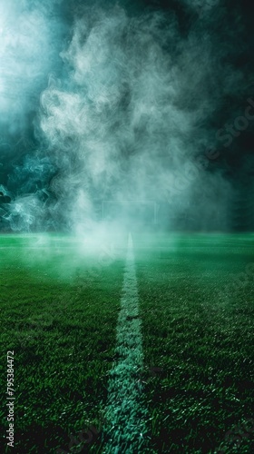 3D illustration of a textured soccer field with neon fog, emphasizing the center and midfield areas.