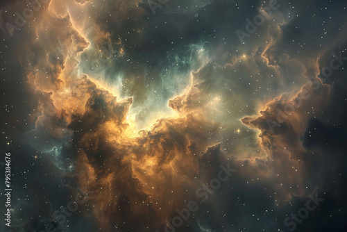 Interstellar dust clouds swirling in a cosmic dance, veiling distant stars in a shroud of ethereal mystery.
