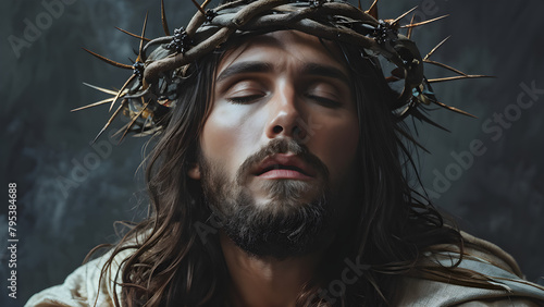 Divine Majesty Jesus Christ Crowned with Thorns, Sacred Suffering Depiction of Christ Crowned with Thorns, Redeemer's Agony Jesus Crowned with Thorns, Sacrificial Image Christ Wearing Thorns