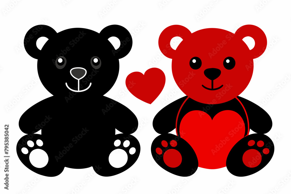 Obraz premium Two teddy with red heart black silhouette on white background 