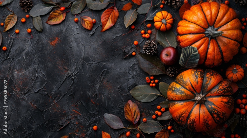Thanksgiving and autumn decoration concept featuring autumn leaves and pumpkins on a dark background. Flat lay composition with a top view and copy space. Thanksgiving and autumn decoration concept featuring autumn leaves and pumpkins on a dark background. Flat lay composition with a top view and copy space.