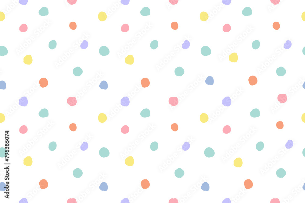 Abstract seamless pattern with colorful cute adorable little doodle handwritten polka dots for babies. Can use for fabric print and design, for kids, nursery and scrapbooking, journaling