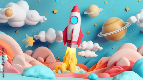 cute 3d clay rocket space, stars colorful. rainbow, cloud and stars.	