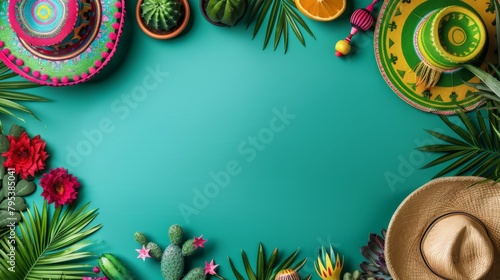 Vibrant green background with traditional Mexican elements like maracas  sombrero  and cactus. Cinco de Mayo banner with copy space. AI Generated