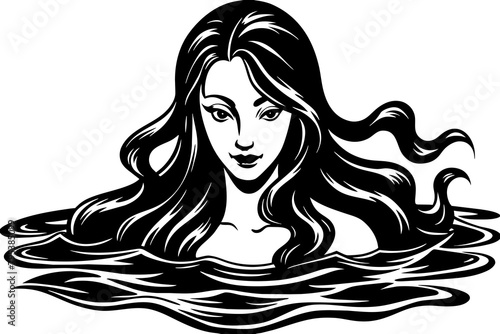 China environment:    A mysterious Chinese water maiden with long, shimmering hair swimming in the clear water