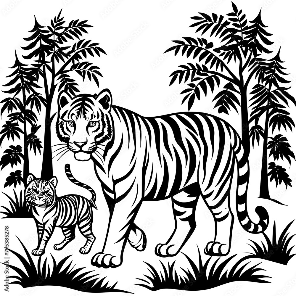 Fototapeta premium Tiger walking with baby in forest vector silhouette