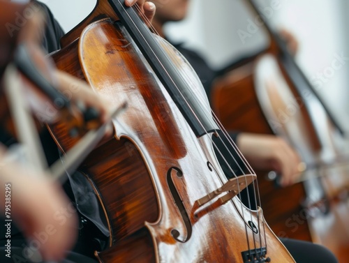 A close up of a cello being played in an orchestra.