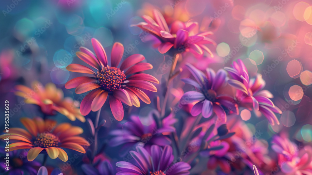 A high-definition image capturing the intricate details of colorful daisies seamlessly blending into a mesmerizing 70s-inspired backdrop. A high-definition image capturing the intricate details of colorful daisies seamlessly blending into a mesmerizing 70s-inspired backdrop.