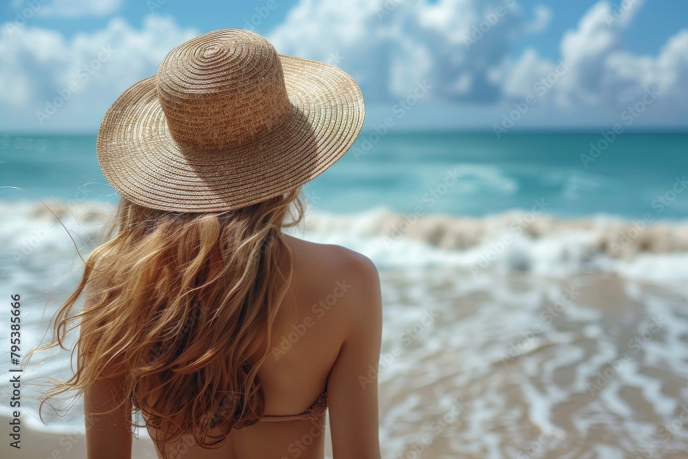 A tranquil scene of a woman gazing into the turquoise ocean waters on a sunny day wearing a stylish straw hat