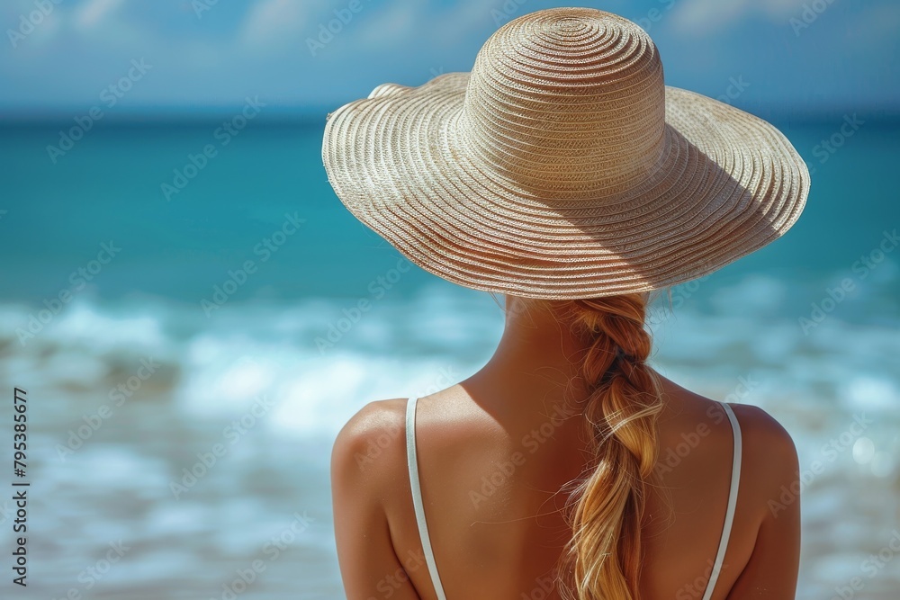 Clear blue skies and ocean backdrop as a woman in a straw hat enjoys the seaside view, exhibiting leisure