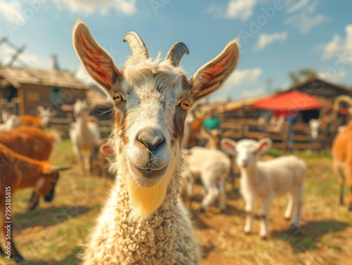 A close up of a goat looking at the camera with a curious expression on its face.