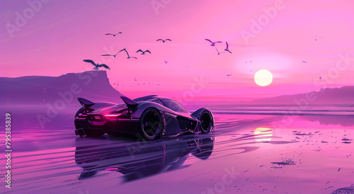 A grainy pink and purple digital artwork of an futuristic sport car driving on the beach at sunset. The car is reflected in still water with mountains visible behind it. 