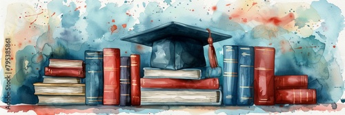 Watercolor graduation cap on stack of books, illustration