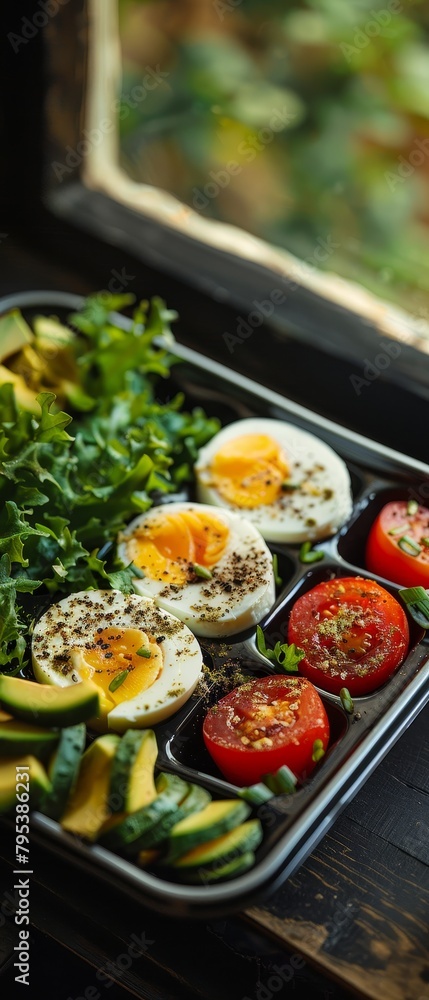 A tray of food with a variety of vegetables and eggs
