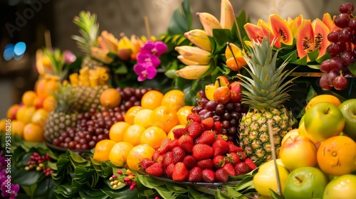 A table full of fresh fruits and s, including apples, oranges, and strawberries photo
