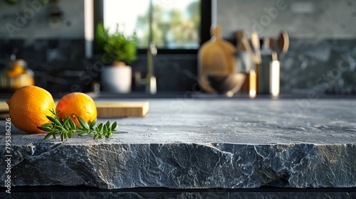 A close up of a marble kitchen counter with two organic oranges and a sprig of rosemary. photo