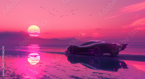 A grainy pink and purple digital artwork of an futuristic sport car driving on the beach at sunset. The car is reflected in still water with mountains visible behind it. 