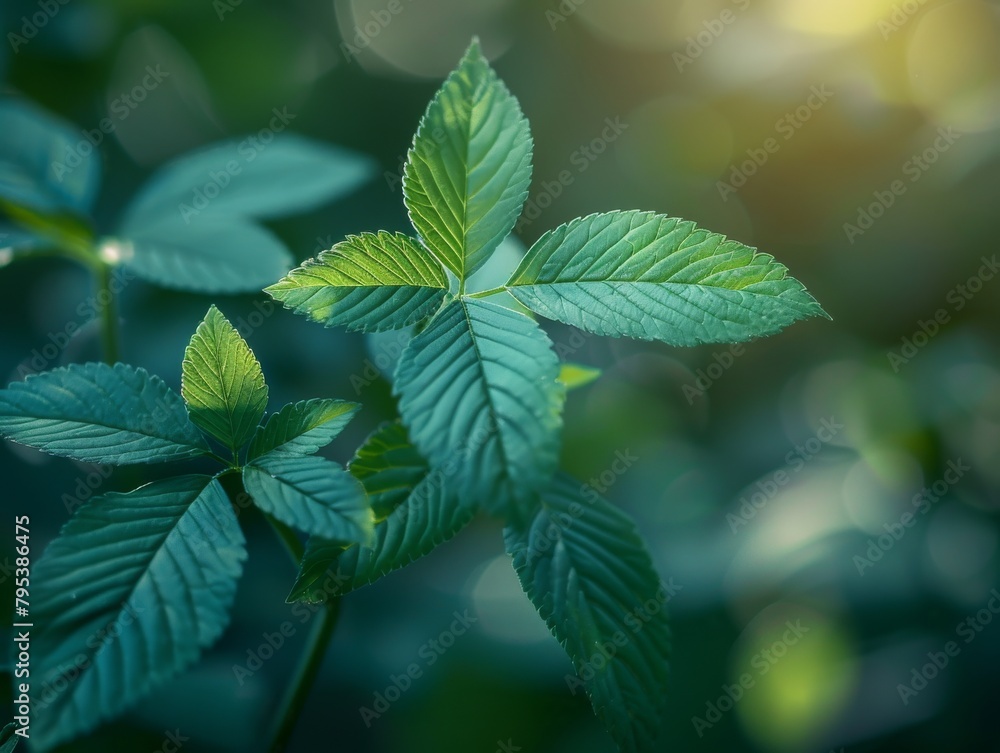 A close up of a plant with green leaves with the sun shining through them.