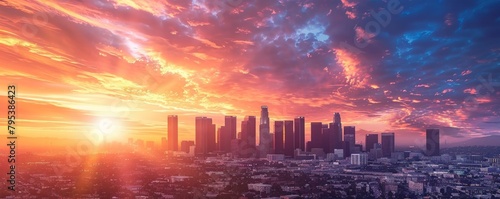 Megapolis skyline at sunset.