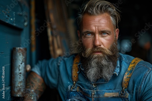 Handsome man with styled beard and tattoos leaning against a blue vintage train carriage photo